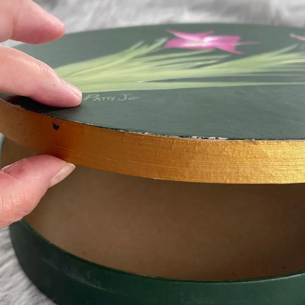 Artisan vintage hand painted Irises storage box by Patty Jo